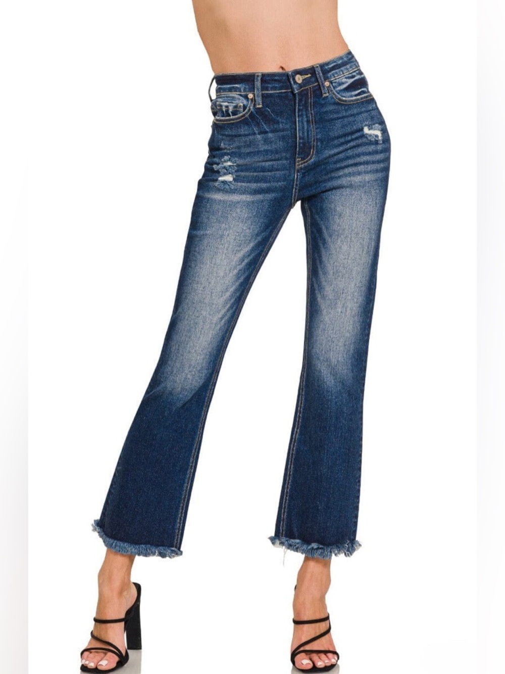NWT ZENANA Dark Wash Distressed Straight Raw Hem Stretchy Denim Jean (Sz 3,18)